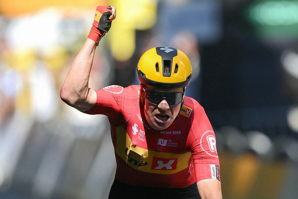Uno-X Mobility team&#039;s Norwegian rider Jonas Abrahamsen cycles to the finish line to win the 11th stage of the 112th edition of the Tour de France cycling race, 156.8 km starting and finishing in Toulouse, southwestern France, on July 16, 2025. (Photo by Marco BERTORELLO / AFP) (Photo by MARCO BERTORELLO/AFP via Getty Images)
