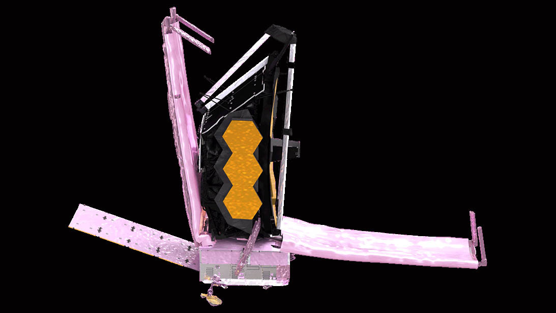 A NASA graphic shows the James Webb Space Telescope with its forward sunshield pallet deployed.