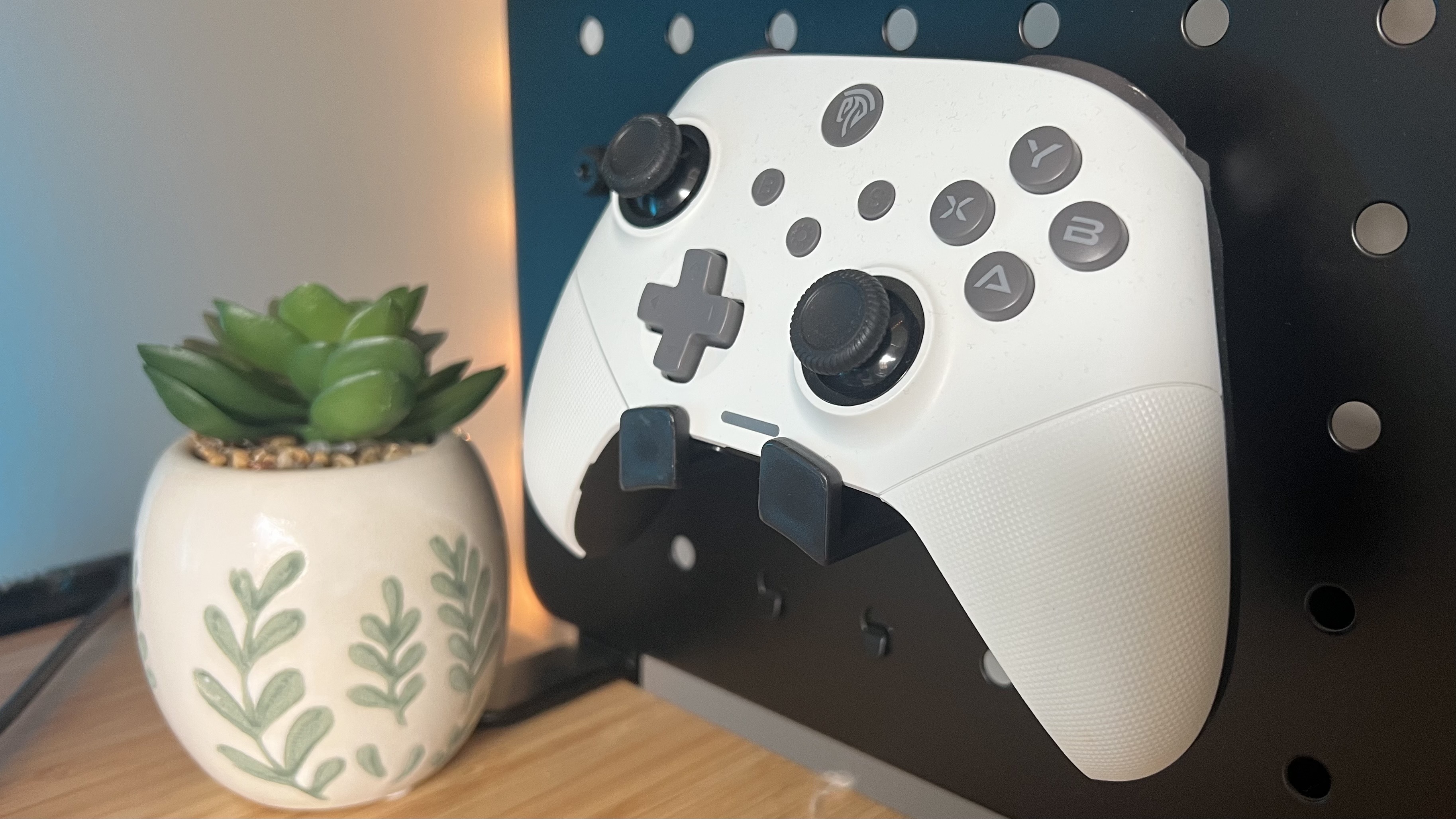 EasySMX X10 controller on a black shelf with a plant next to it