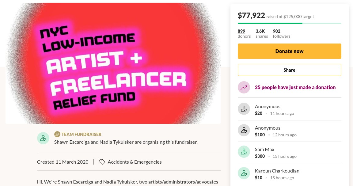 Homepage of NYC Low-Income Artist/Freelancer Relief Fund