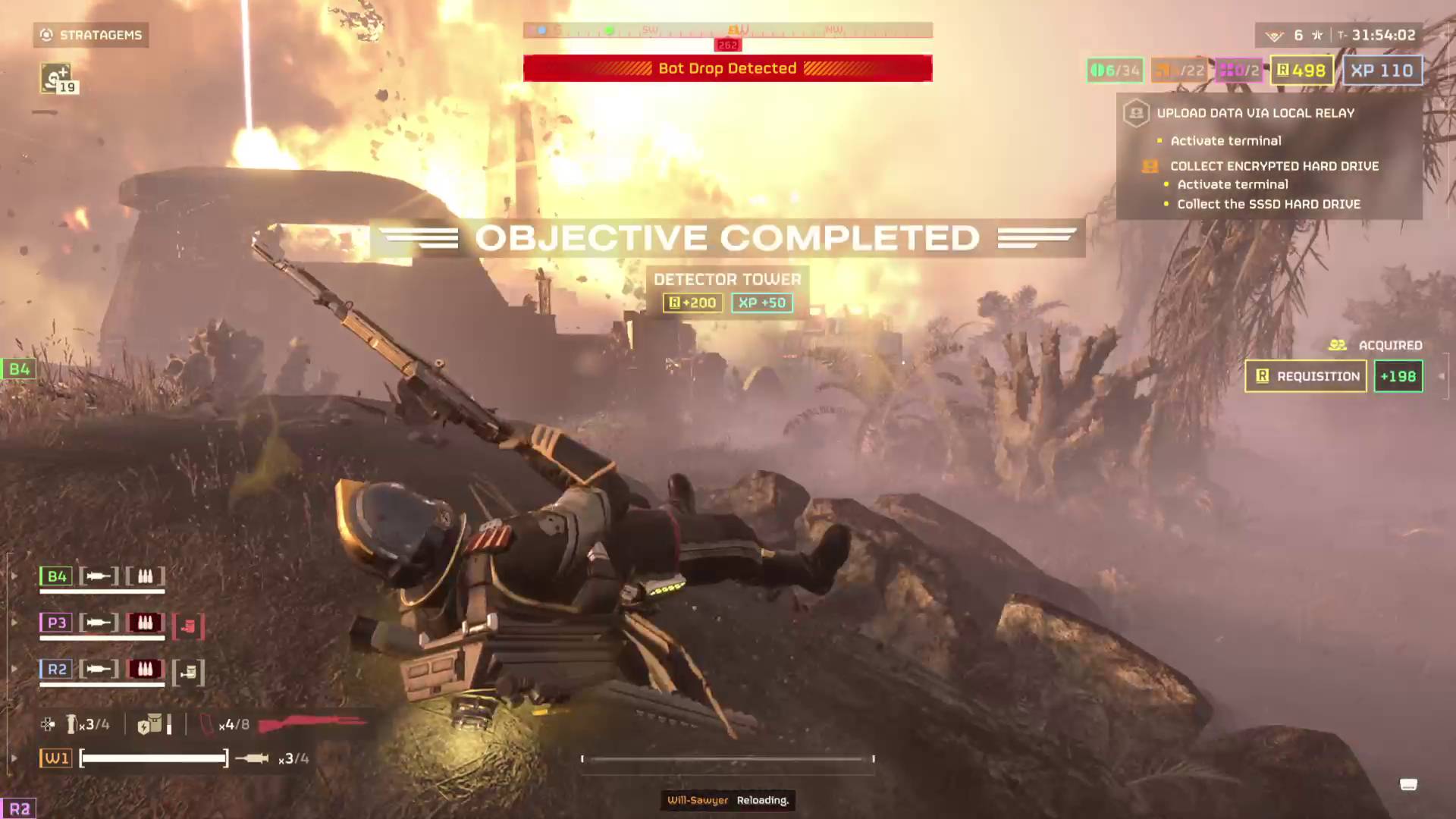 Helldivers 2 helldiver using masters of ceremony warbond armor and rifle in mission