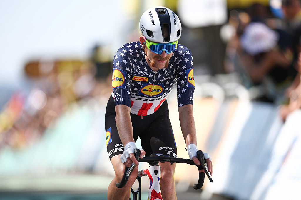 Lidl - Trek team&#039;s US rider Quinn Simmons cycles to the finish line to take second place in the 6th stage of the 112th edition of the Tour de France cycling race, 201.5 km between Bayeux and Vire Normandie, Northwestern France, on July 10, 2025. (Photo by Anne-Christine POUJOULAT / AFP)