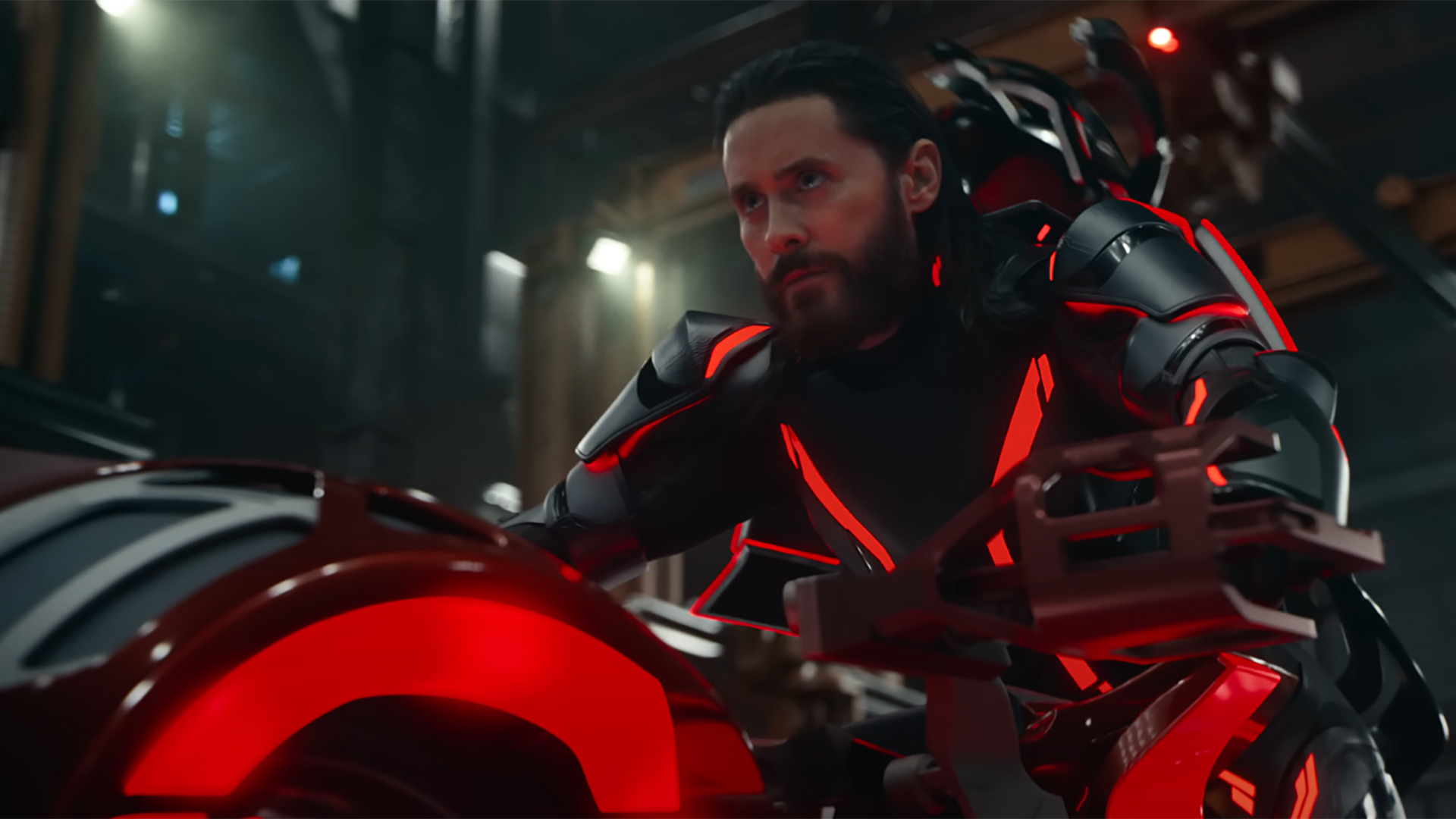 Ares (Jared Leto) riding a lightcycle in Tron: Ares