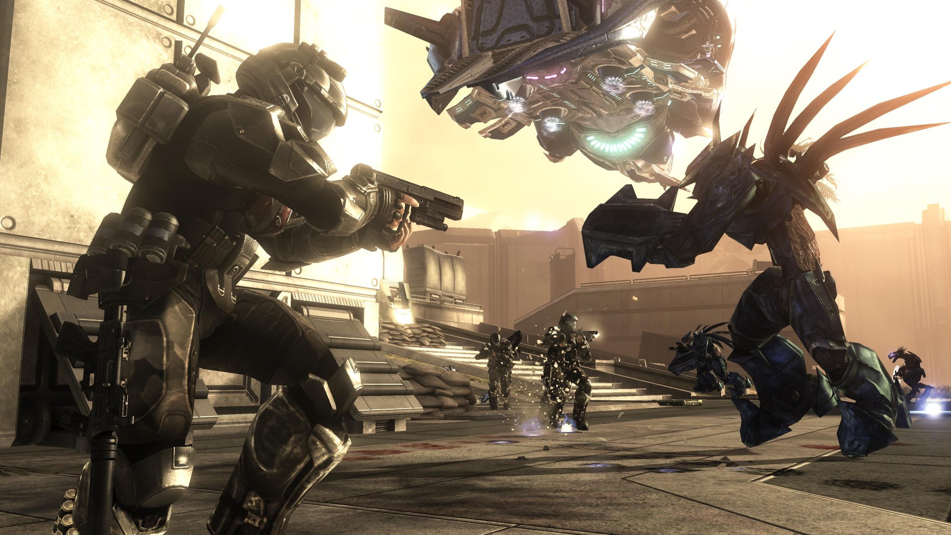 Halo 3: ODST screenshot of a Spartan fighting another soldier in the Security Zone
