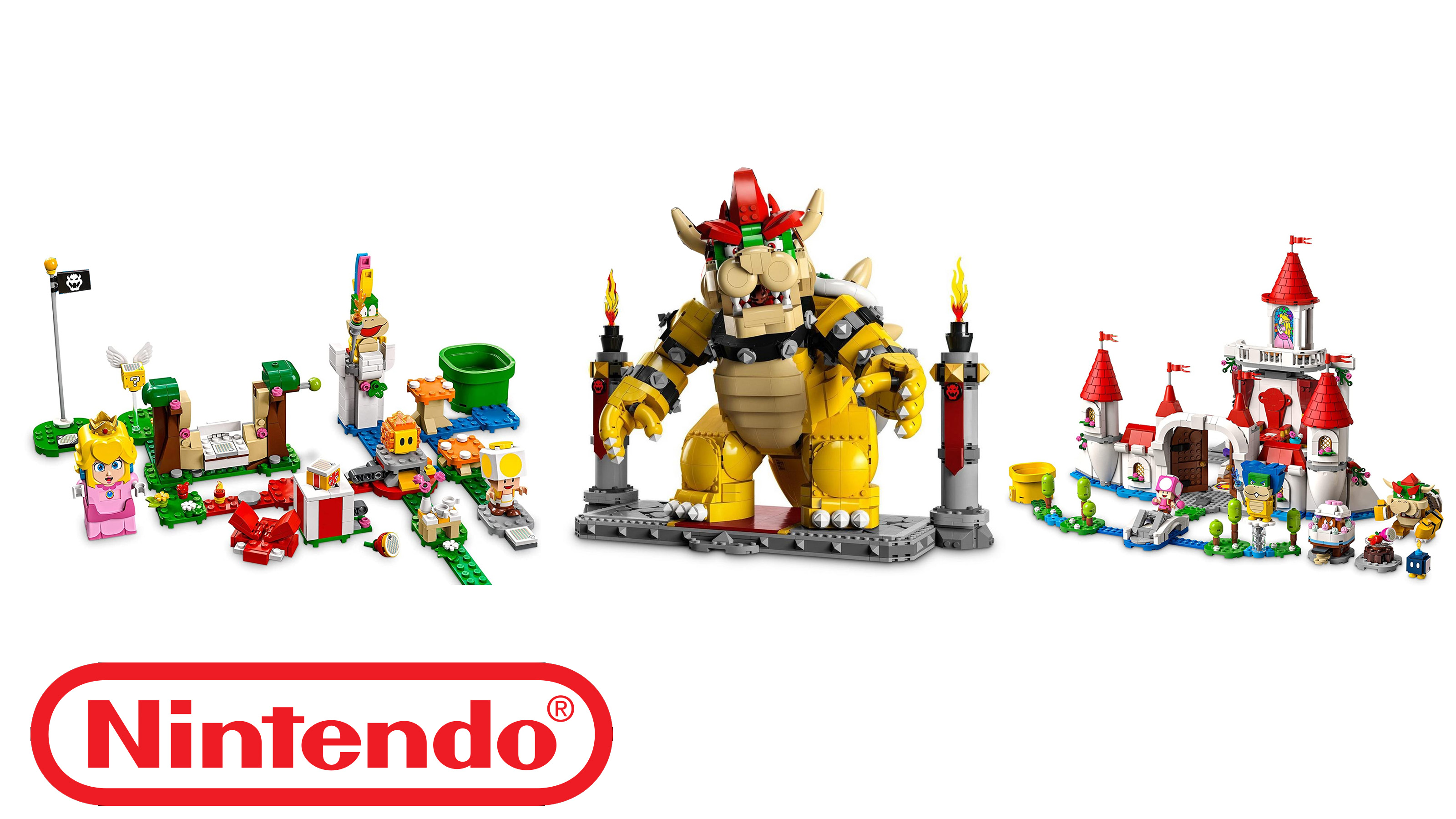 Product shots of various Mario LEGO sets on a white background