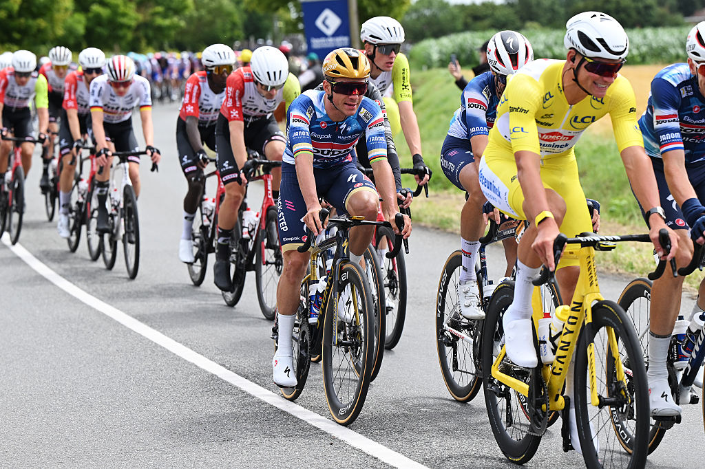 DUNKERQUE, FRANCE - JULY 07: Remco Evenepoel of Belgium and Team Soudal Quick-Step competes during the 112th Tour de France, Stage 3 a 178.3km stage from Valenciennes to Dunkerque / #UCIWT / on July 07, 2025 in Dunkerque, France. (Photo by Dario Belingheri/Getty Images)