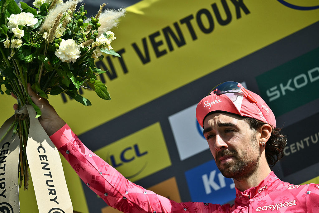 EF Education - EasyPost team&#039;s Irish rider Ben Healy celebrates on the podium with the most combative rider&#039;s award after the 16th stage of the 112th edition of the Tour de France cycling race, 171.5 km between Montpellier and Mont Ventoux, southern France, on July 22, 2025. (Photo by Marco BERTORELLO / AFP) (Photo by MARCO BERTORELLO/AFP via Getty Images)