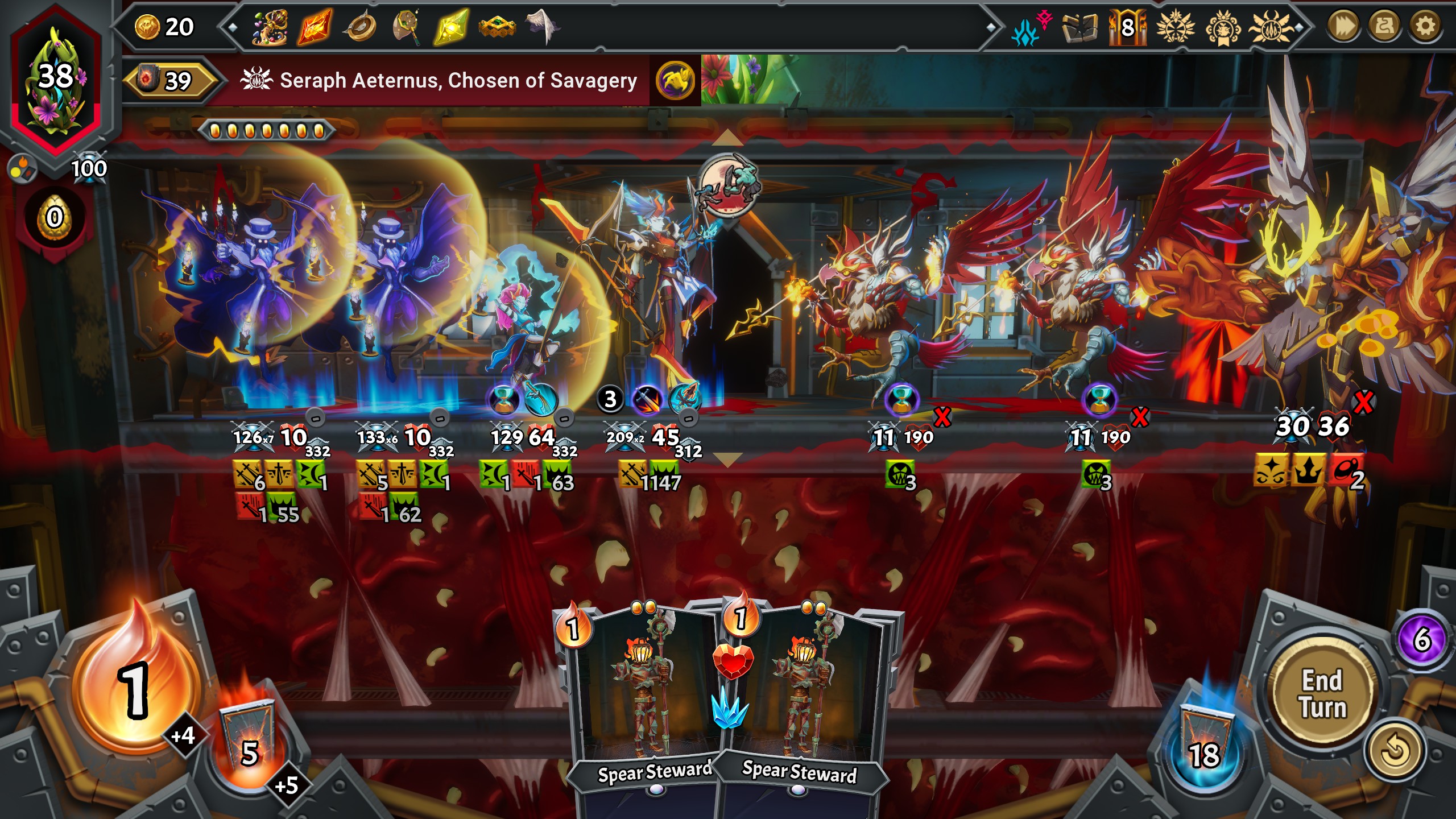 Two copies of Dante with mega boosted damage stand behind Fel facing down angels in Monster Train 2's Seraph fight as Seraph closes in