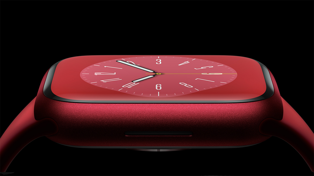The red version of the Apple Watch Series 8 on a black background.