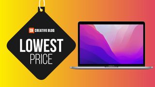 A 2022 MacBook Pro M2 on an orange gradient background with text that reads 'lowest price'