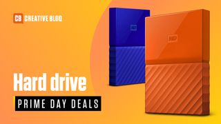 A blue and an orange external hard drive on a lighter orange background, with Prime Day SSD deals in print. 