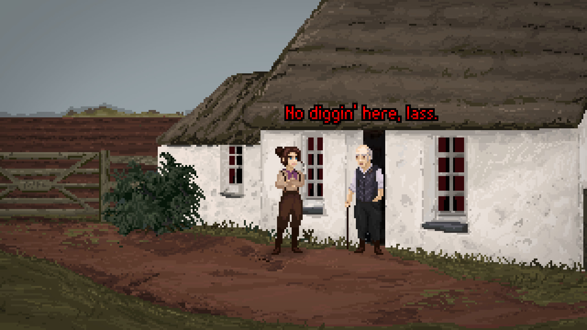 A screenshot of The Excavation of Hob's Barrow showing a woman standing outside a man's cottage, with the man in the doorway saying "No diggin' here, lass"