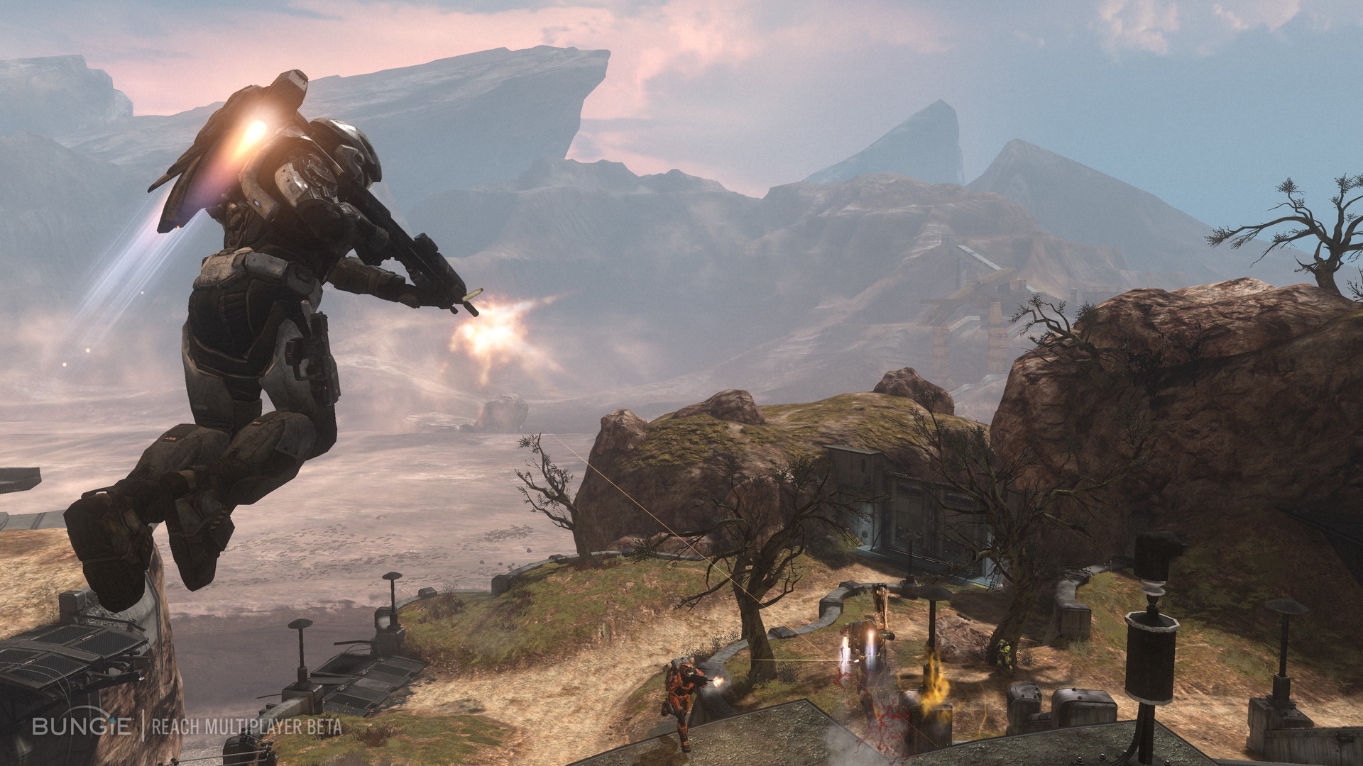 Halo: Reach screenshot showing a Spartan using a jetpack to fire shots from the air in the original multiplayer beta
