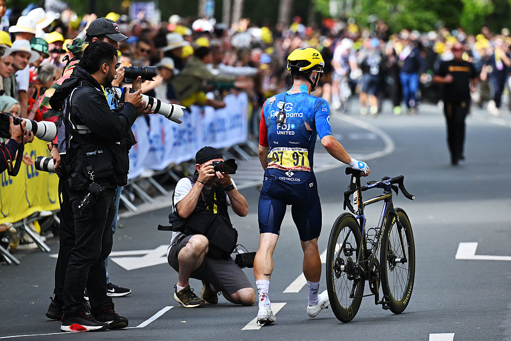 DUNKERQUE, FRANCE - JULY 07: Paul Penhoet of France and Team Groupama - FDJ injured after a crash during the 112th Tour de France, Stage 3 a 178.3km stage from Valenciennes to Dunkerque / #UCIWT / on July 07, 2025 in Dunkerque, France. (Photo by Tim de Waele/Getty Images)