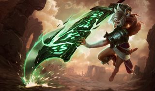 A white female with a broken sword and white hair