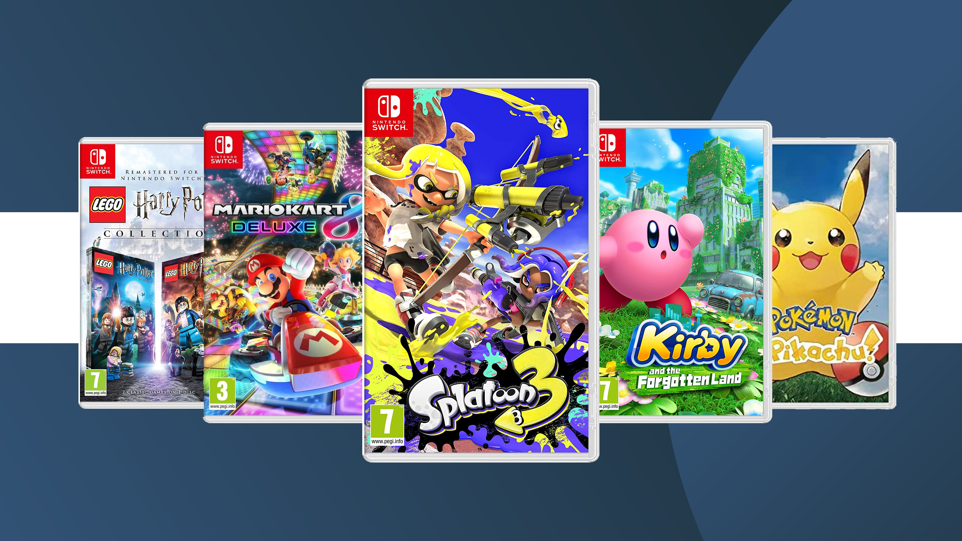 A product shot of various Switch games on a dark background