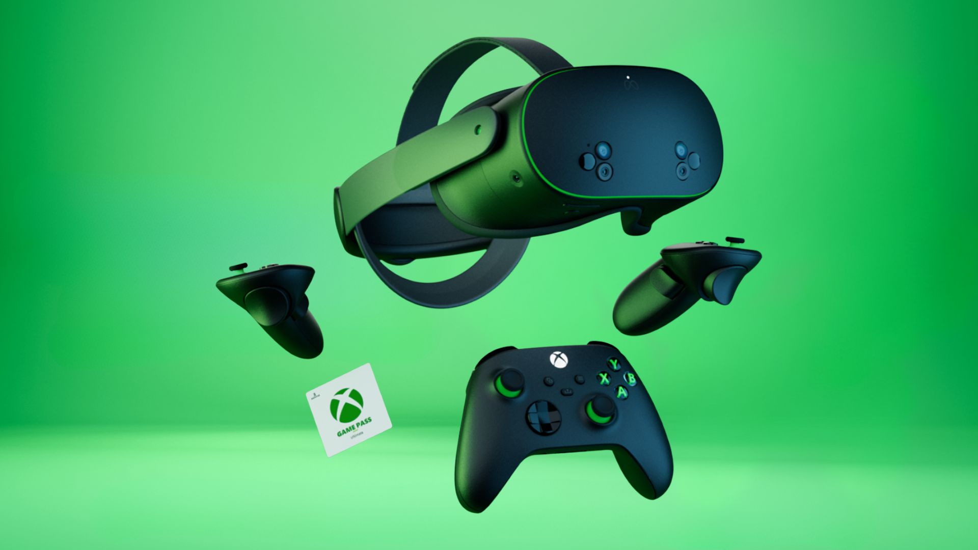 The Meta Quest 3S Xbox Edition bundle on a green background