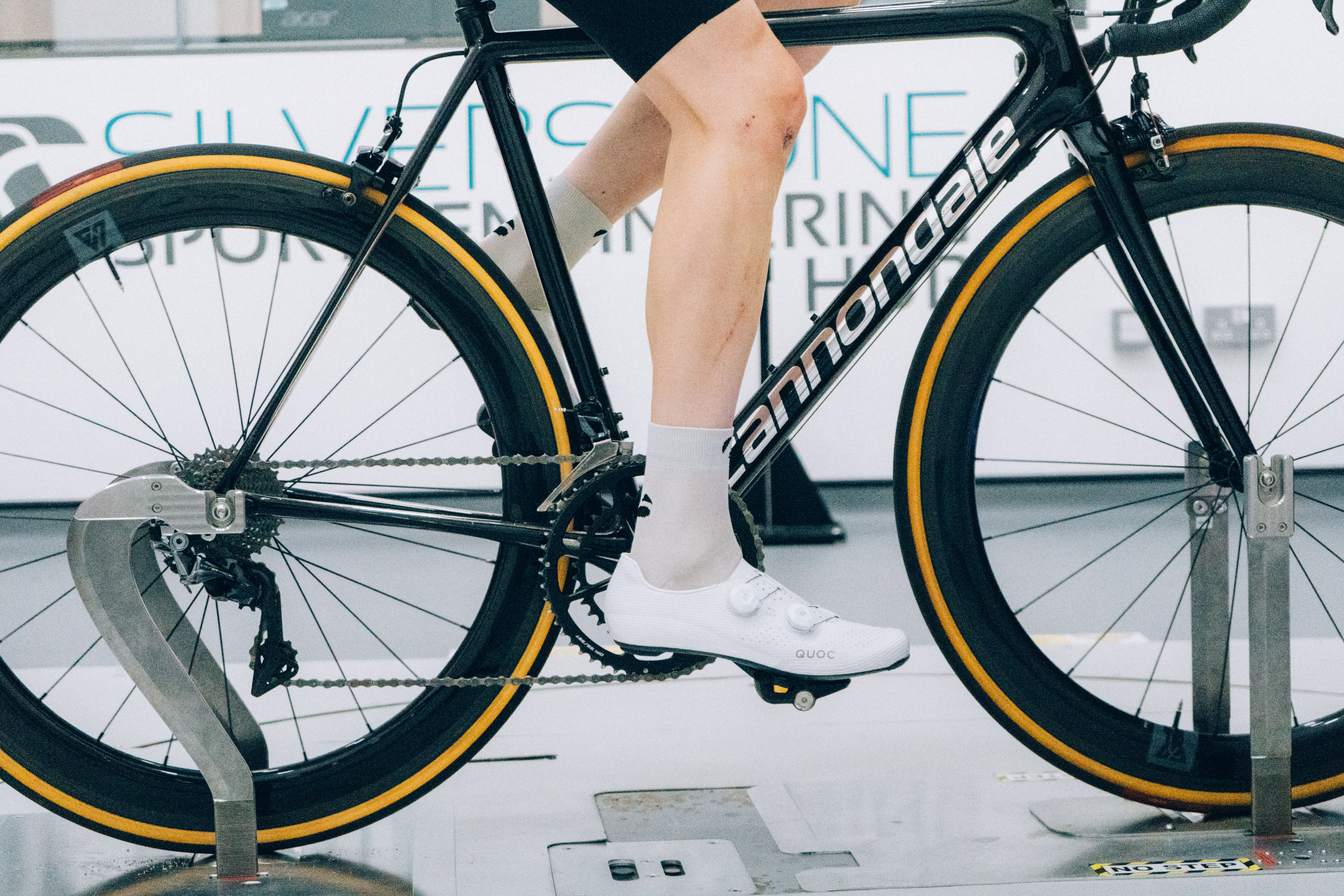 Tom wearing a pair of basic Bontrager socks in the wind tunnel