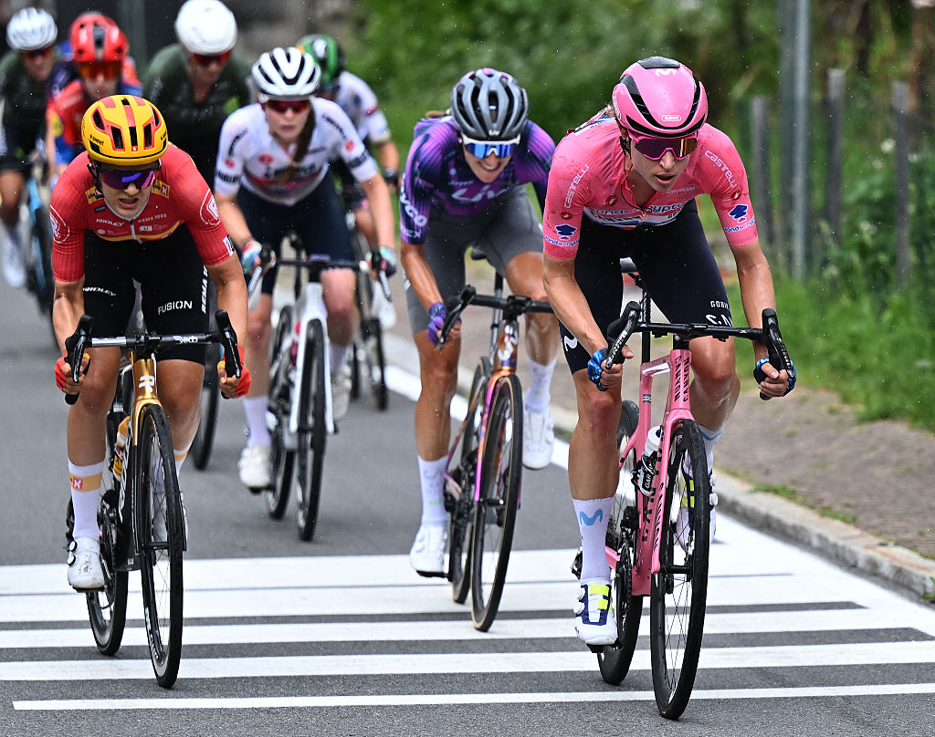APRICA, ITALY - JULY 07: Marlen Reusser of Switzerland and Team Movistar - Pink Leader Jersey competes during the 36th Giro d'Italia Women 2025, Stage 2 a 92km stage from Clusone to Aprica 1174m / #UCIWWT / on July 07, 2025 in Aprica, Italy. (Photo by Luc Claessen/Getty Images)