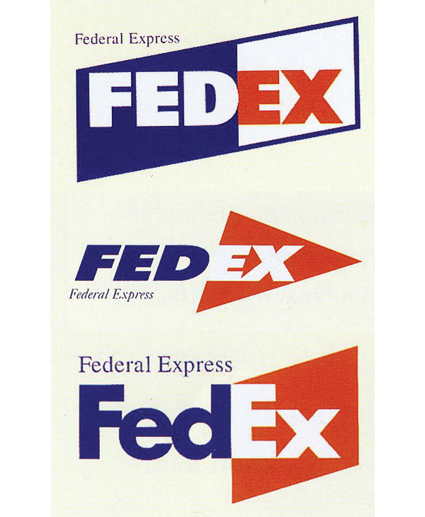 Three different early FedEx logo designs 