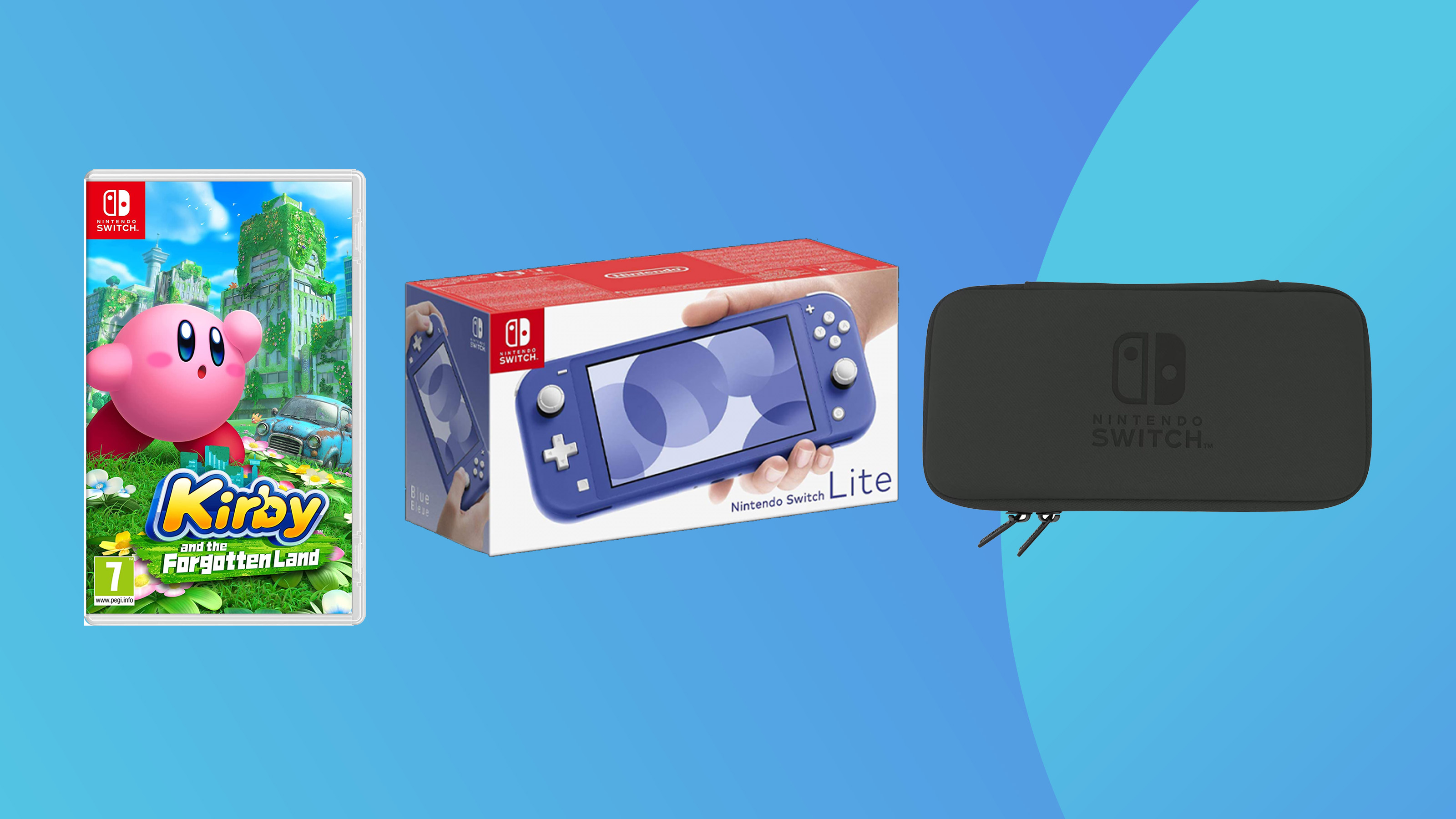 product shot of the blue switch lite and accessories on a colourful background
