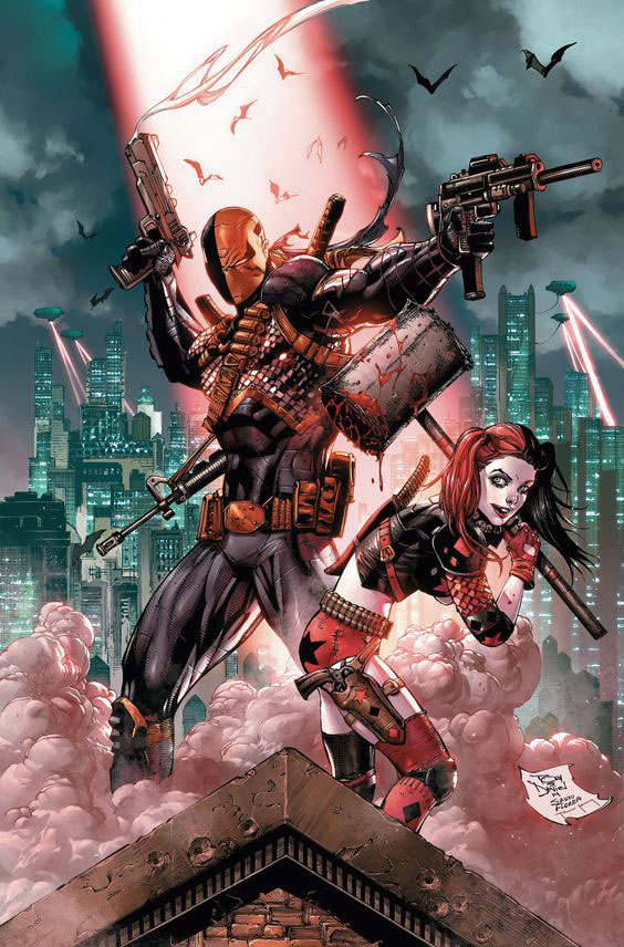Deathstroke and Harley Quinn amongst the ruins of Gotham