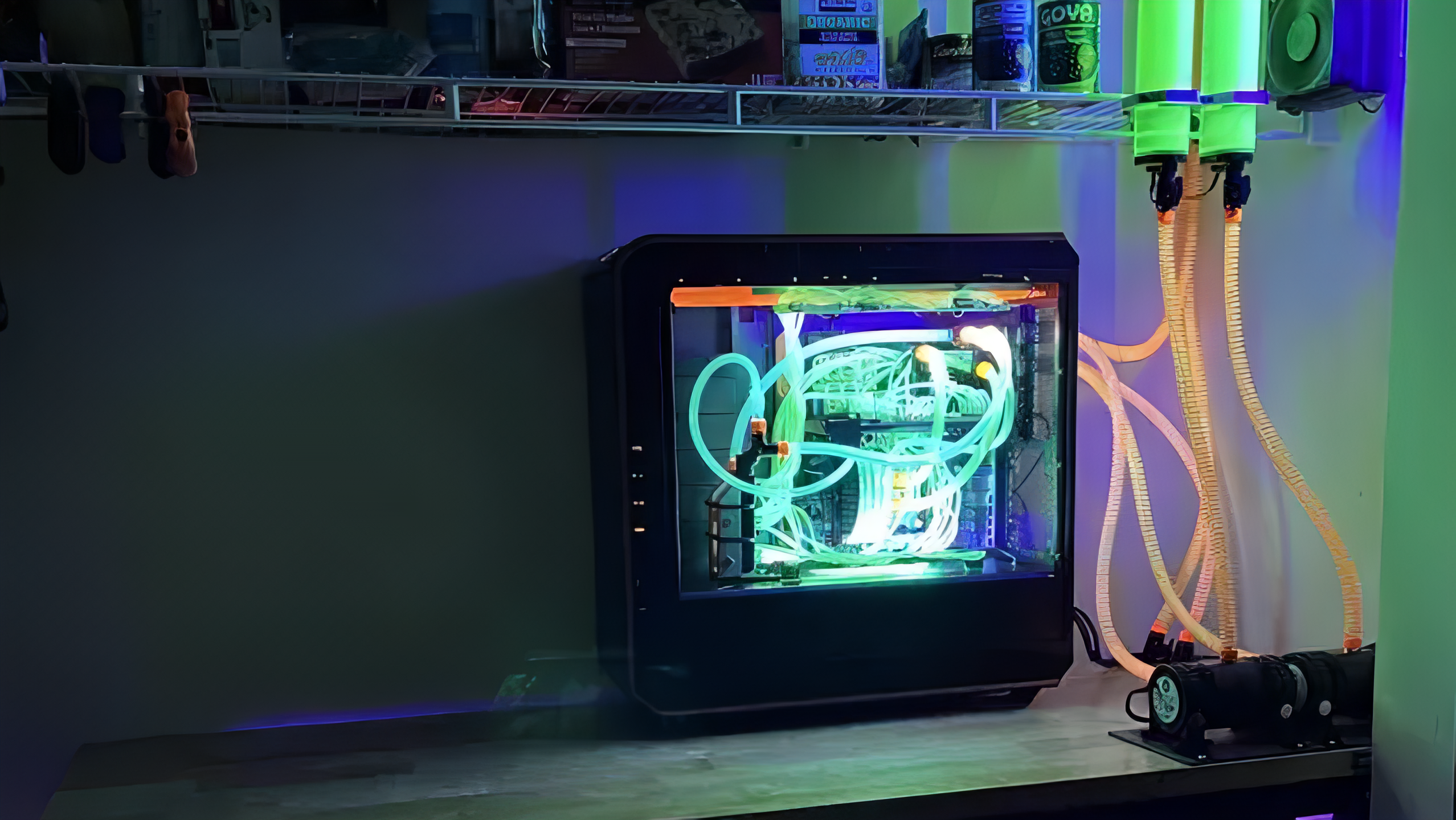 This fluorescent gaming PC has 69 water blocks to keep it frosty