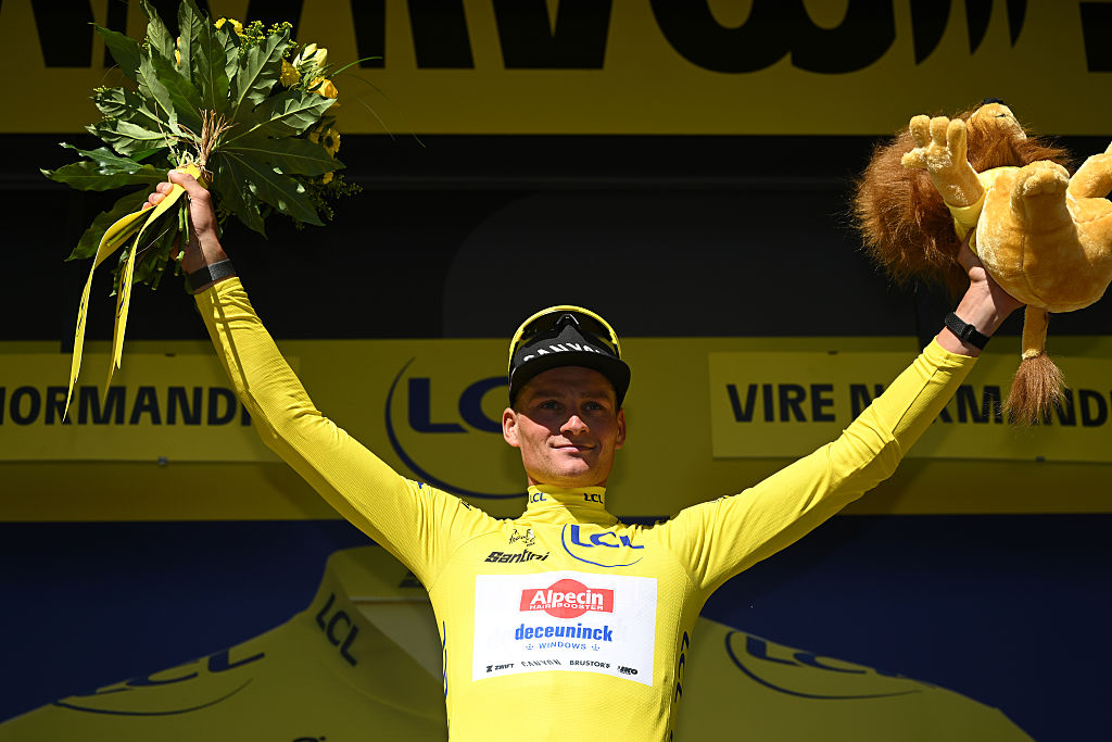 Mathieu Van Der Poel of Netherlands and Team Alpecin - Deceuninck celebrates at podium as Yellow leader jersey winner during the 112th Tour de France, Stage 6 a 201.5km stage from Bayeux to Vire Normandie
