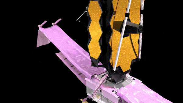 NASA's James Webb Space Telescope removes the covers from its sunshield in this animation of the critical deployment step that occurred in space on Dec. 30, 2021.