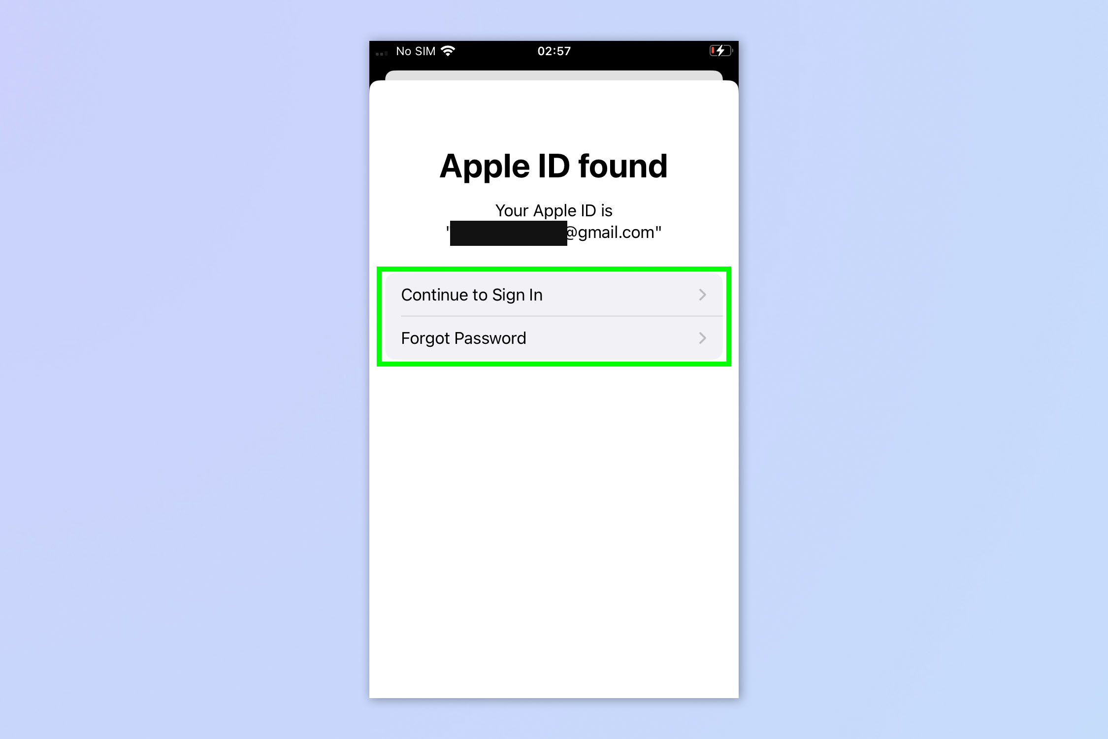 Çıkış yapmış bir iPhone veya iPad'de Apple Kimliğinizi nasıl bulacağınızı gösteren bir ekran görüntüsü