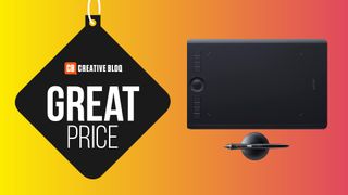 A product image of the Wacom Drawing Tablet and pen on a colourful background with the words great price