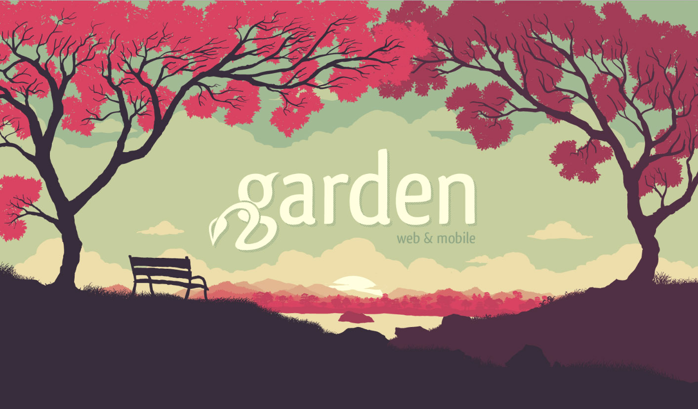 Parallax scrolling: Screenshot of Garden site shows an illustration of a bench under red-leafed trees overlooking a lake