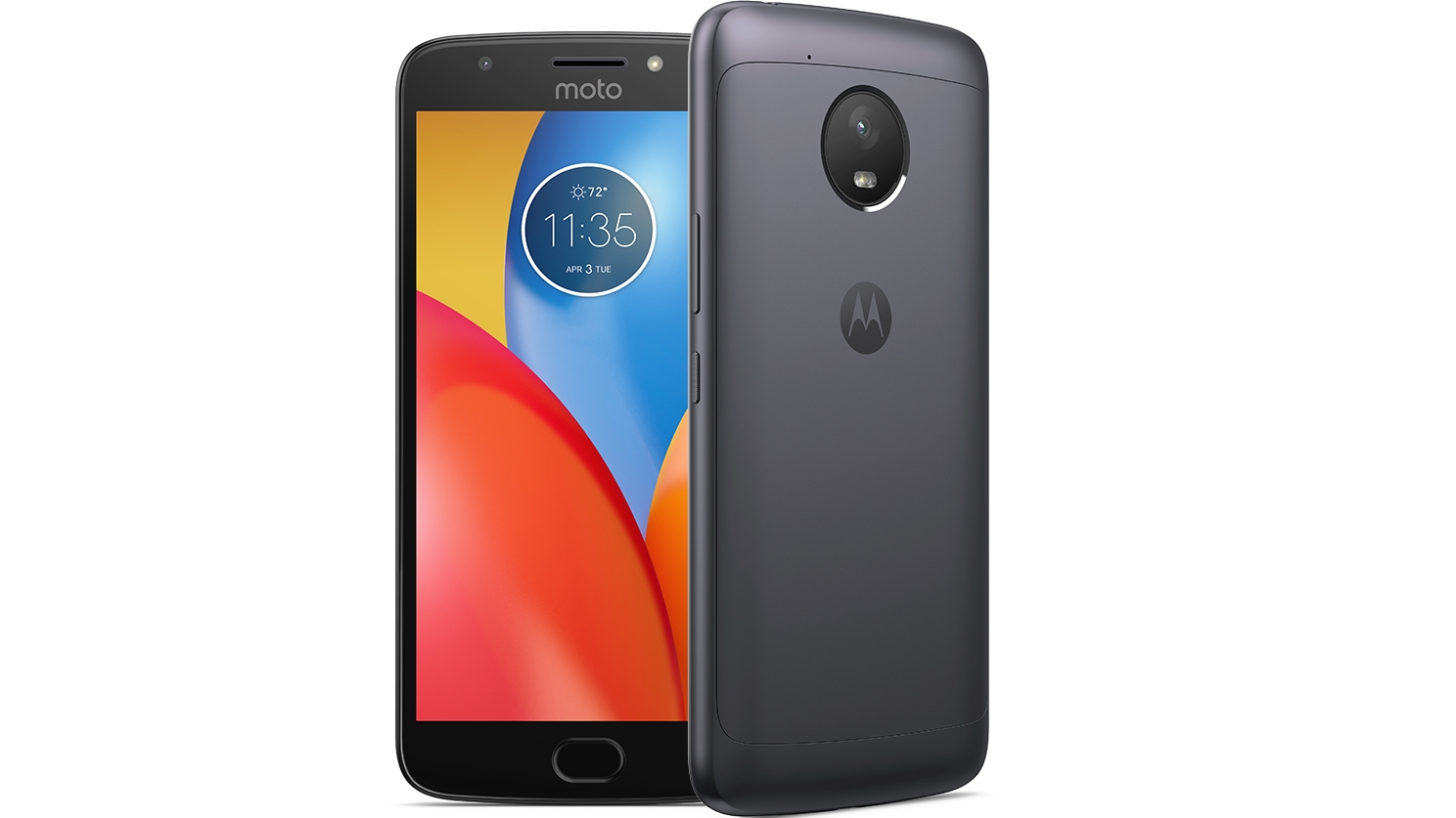 Motorola Moto E4 cell phone, front and back profiles