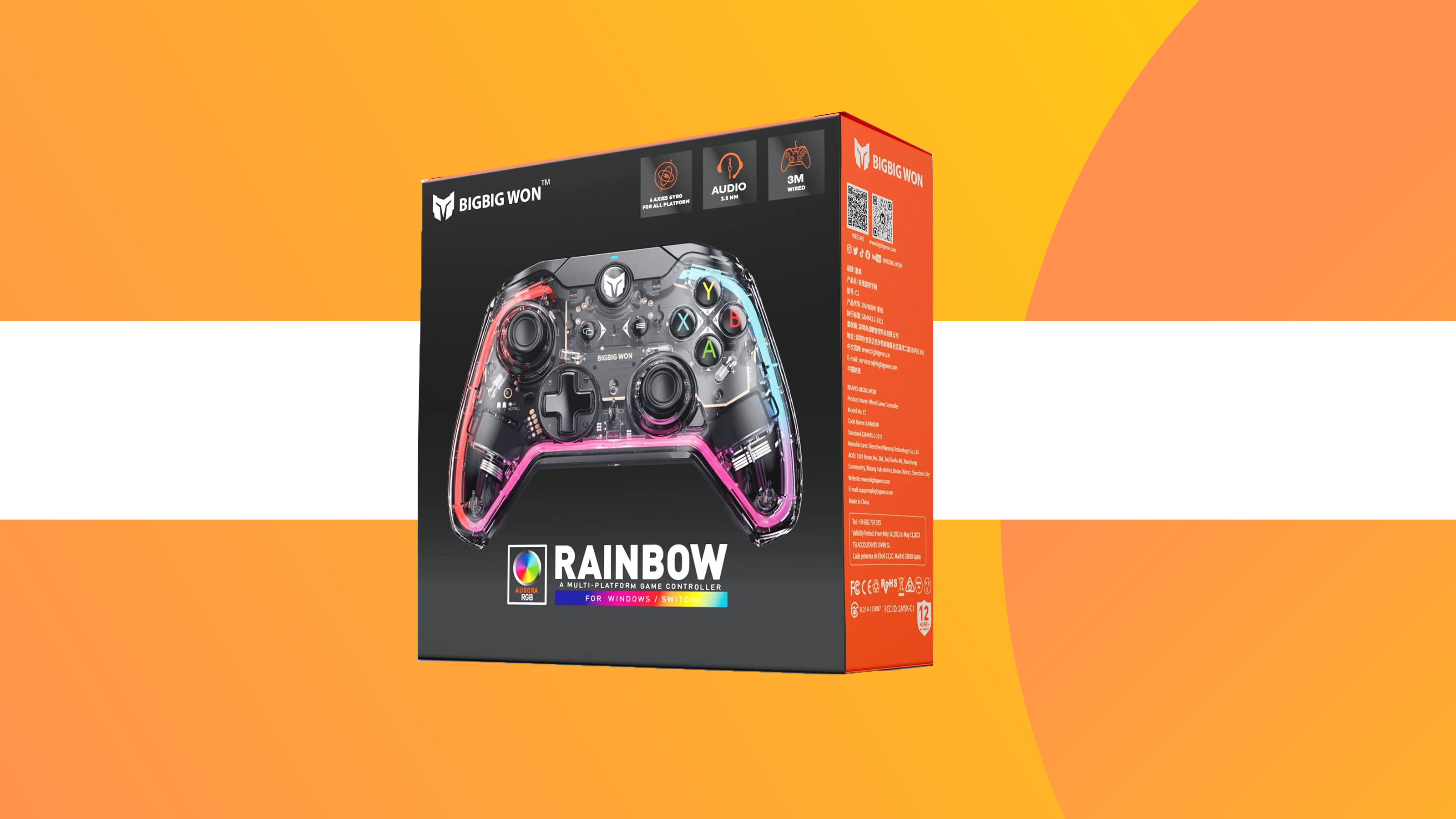 A product shot of the BIGBIG WON rainbow wired controller on a colourful background