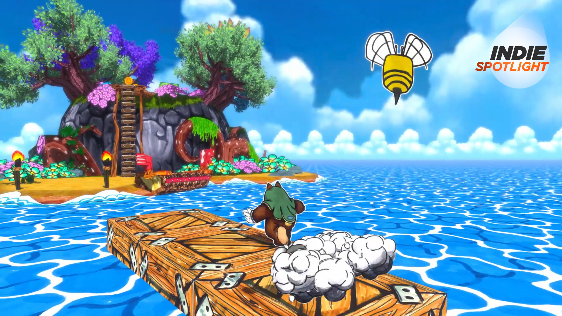 Ruffy runs across the ocean on wooden crates in Ruffy and the Riverside, with the GamesRadar+ Indie Spotlight logo