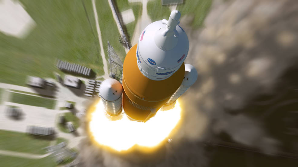Artist's impression of NASA's Space Launch System taking off