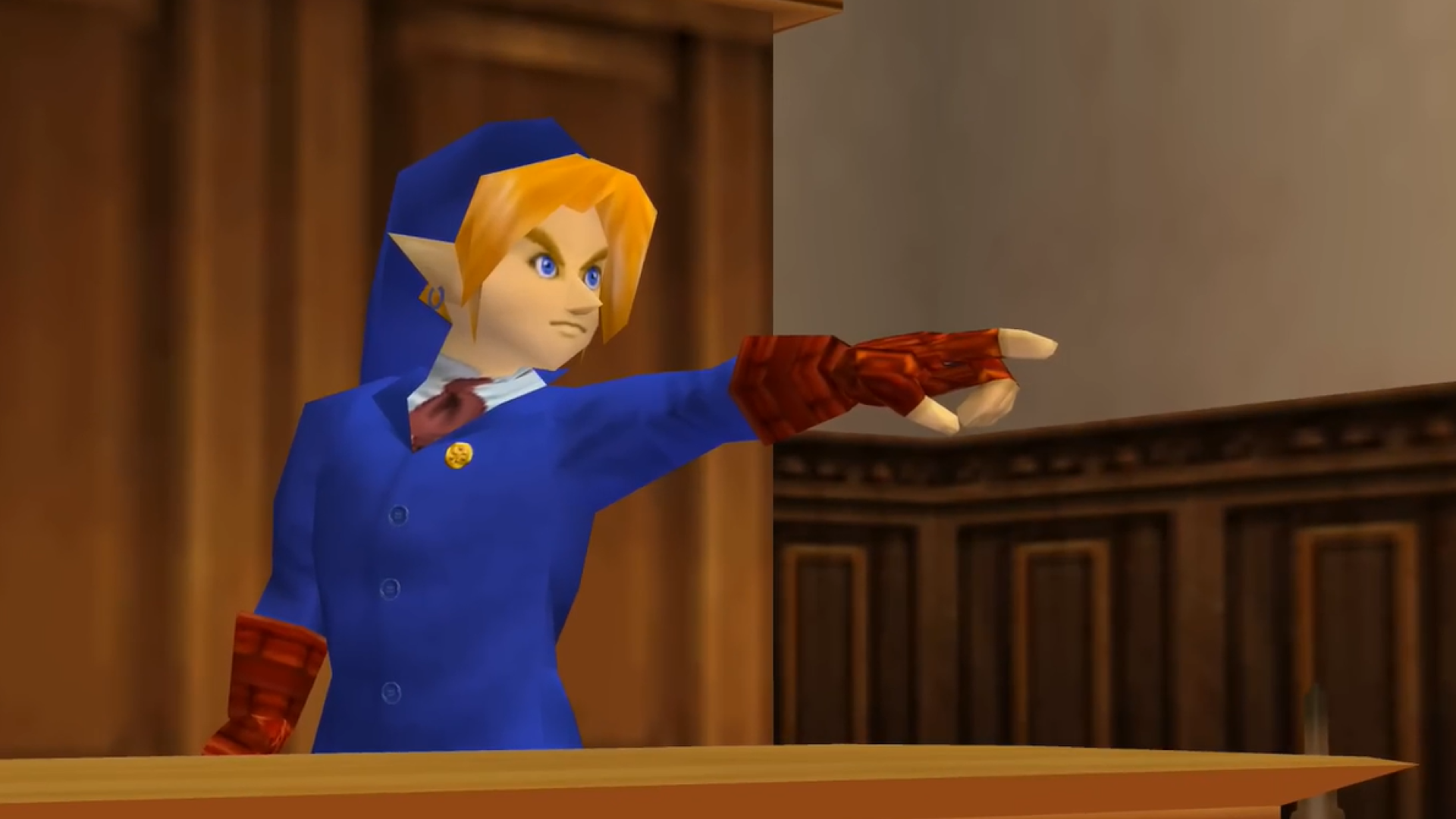 Link points a finger at the stand, channelling Ace Attorney&#039;s stance, in a screenshot from the Hero of Law mod.