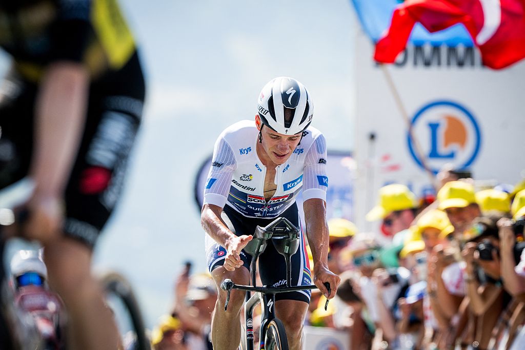 Belgian Remco Evenepoel of Soudal Quick-Step pictured in action during stage 13 of the 2025 Tour de France cycling race, an 11km individual time trial from Loudenvielle to Peyragudes, on Friday 18 July 2025 in France. The 112th edition of the Tour de France starts on Saturday 5 July in Lille, France, and will finish in Paris, France on the 27th of July. BELGA PHOTO JASPER JACOBS (Photo by JASPER JACOBS / BELGA MAG / Belga via AFP) (Photo by JASPER JACOBS/BELGA MAG/AFP via Getty Images)