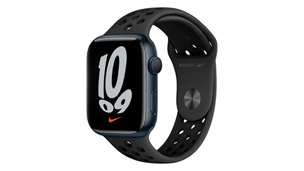 The midnight Apple Watch Series 7 with Nike band.