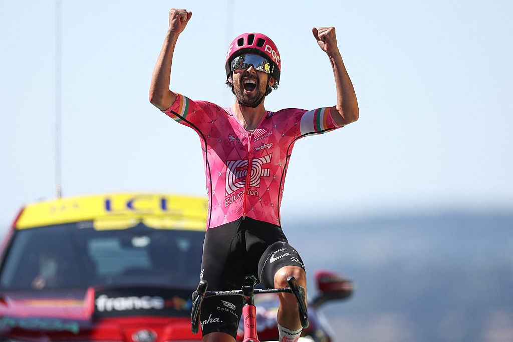 EF Education - EasyPost team&#039;s Irish rider Ben Healy cycles to the finish line to win the 6th stage of the 112th edition of the Tour de France cycling race, 201.5 km between Bayeux and Vire Normandie, Northwestern France, on July 10, 2025. (Photo by Anne-Christine POUJOULAT / AFP) (Photo by ANNE-CHRISTINE POUJOULAT/AFP via Getty Images)