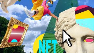 What are NFTs? Represented by a collage of images include a skateboarder and computer cursor