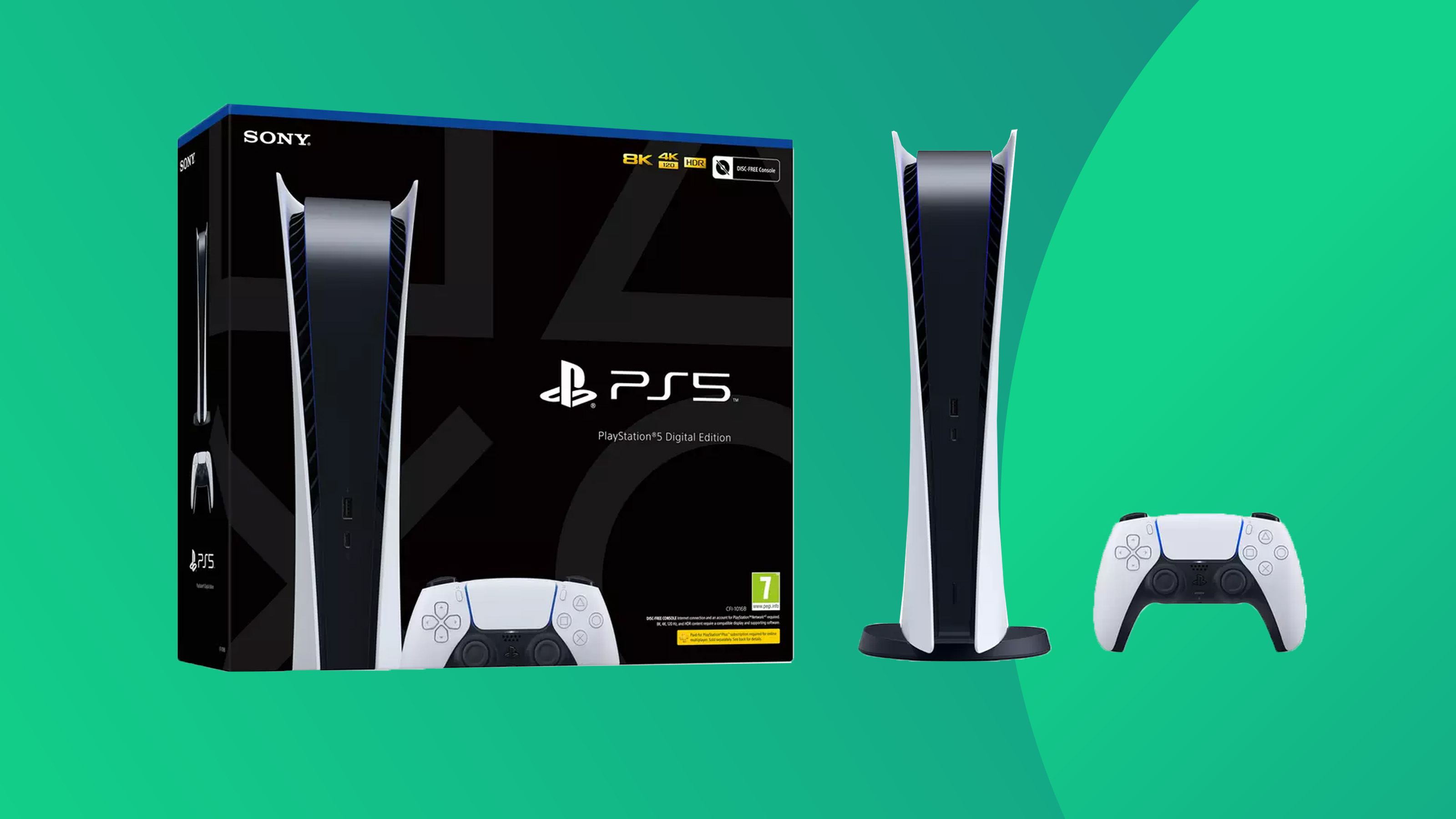 a product shot of the digital PS5 on a colourful background