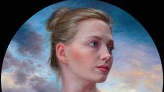 A circular oil painting portrait of a lady looking off into the distance, against a glowing evening sky