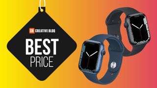 A product shot of 2 Apple Watch Series 7s on a colourful background with the words best price