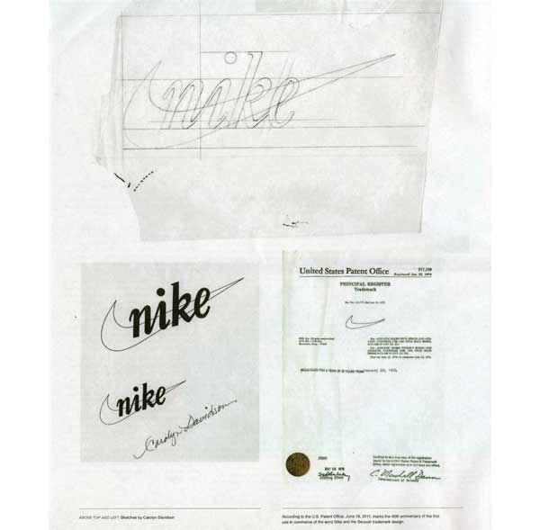 Early sketches of the Nike logo and US Patent papers