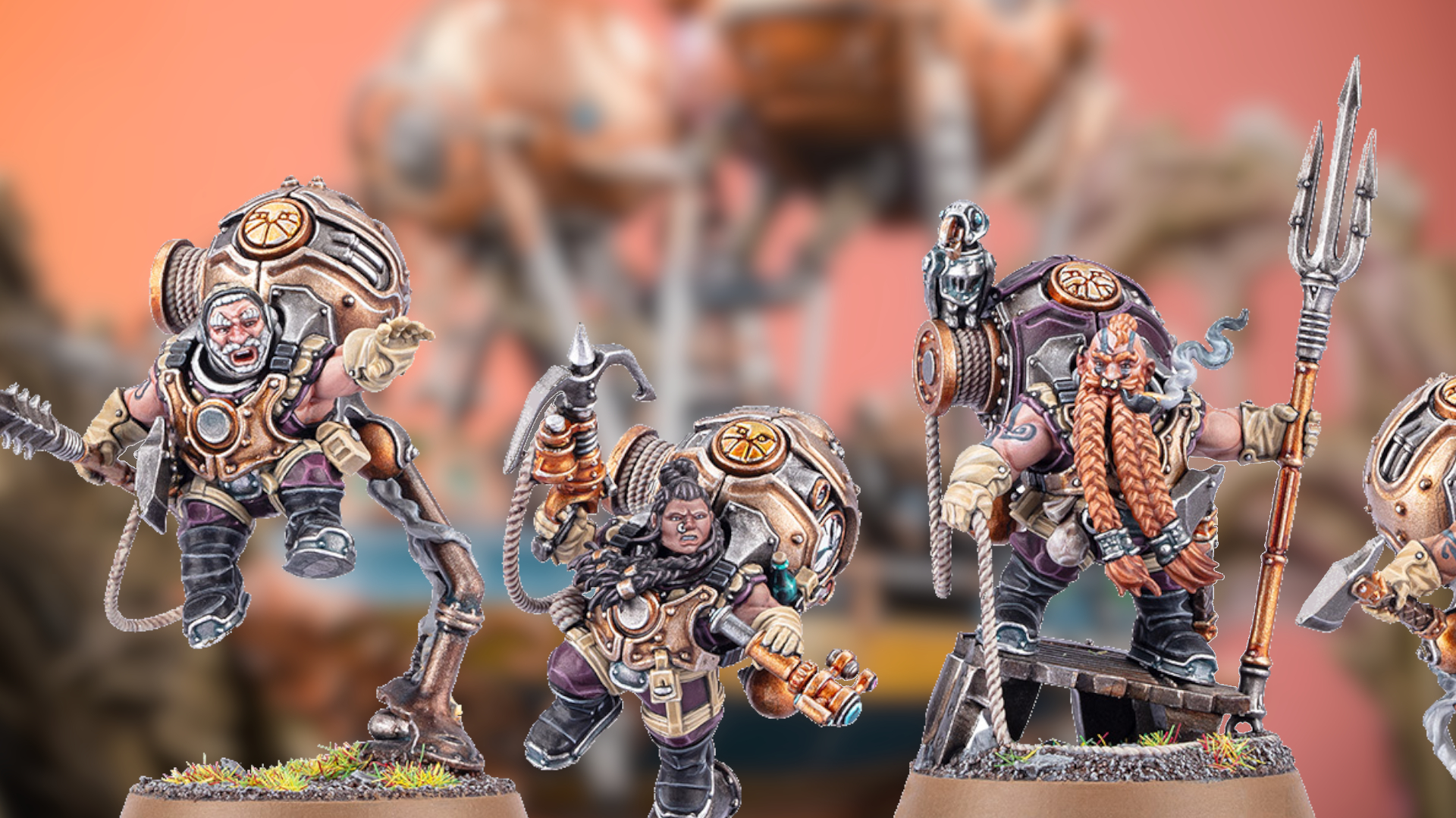 New Kharadron Overlord models against an orange-hued background of a Kharadron Overlord vehicle, slightly blurred