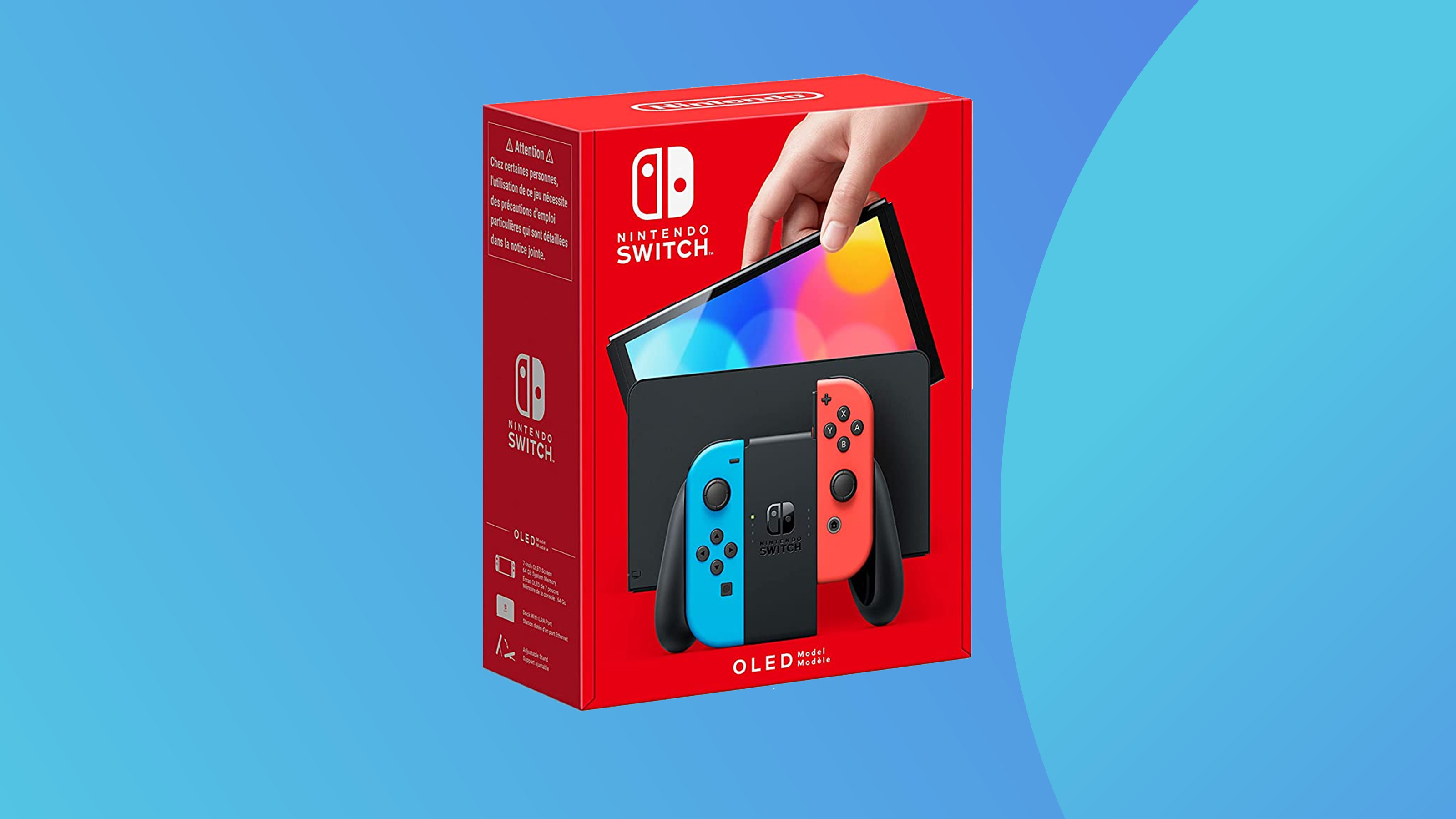 A product shot of the Switch OLED on a colourful background