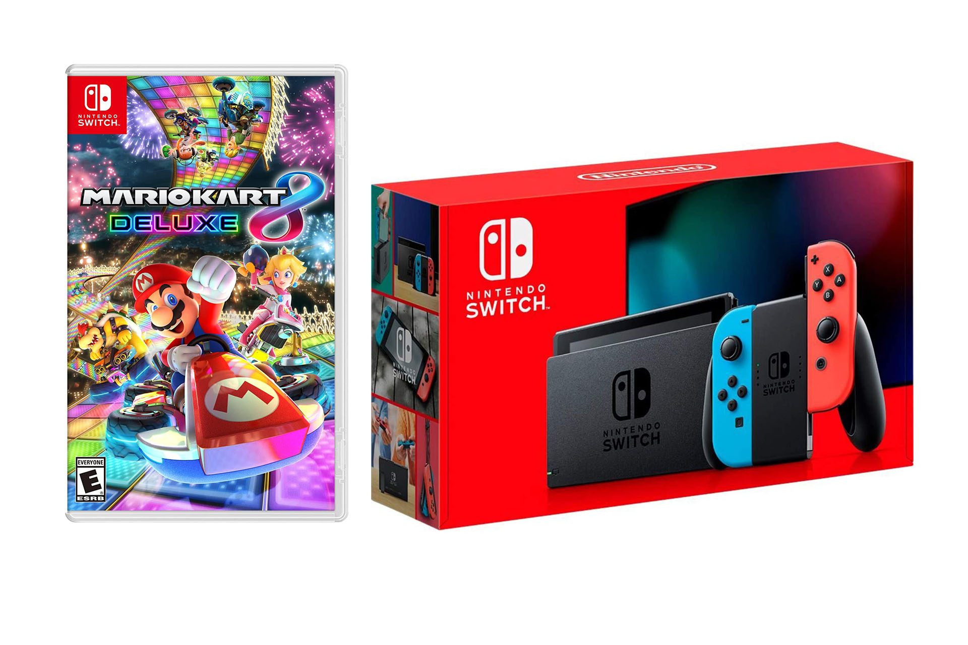 Product shots of the Nintendo Switch console box and Mario Kart 8