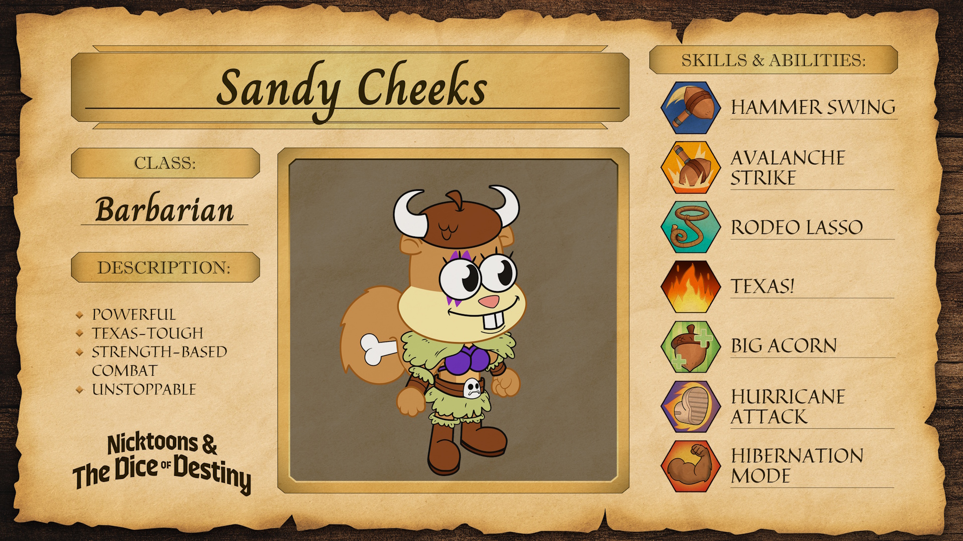 Nicktoons & The Dice of Destiny character sheet for Sandy Cheeks