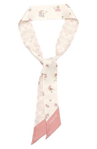 White and Pink Floral Skinny Silk Scarf